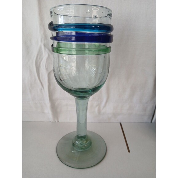 Mexico Hand Blown Blue Green Rings Wine Water Goblet Wine Glass Heavy Unique - Picture 2 of 5